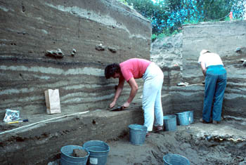 Two people searching an archaeological site.