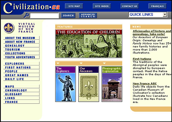 Virtual Museum of New France home page.