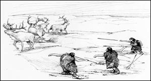 Dibujo por Jérémie Jiles de cazadores paleoindios matando caribús