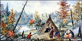 Un campamento de indígenas algonquines en 1850 cerca de la comunidad algonquin de Kitigan Zibi (Maniwake)