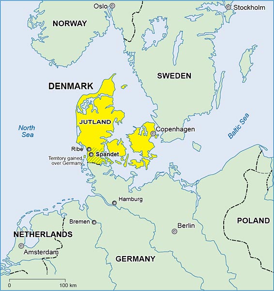 Map of Denmark and surrounding territories following the southward adjustment of the border with Germany, early 1920s