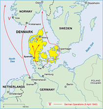 Map of the German invasion of Denmark and neighbouring Norway in 1940