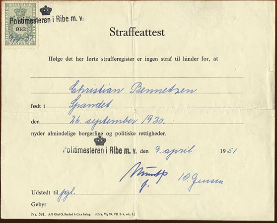 Certificate issued in Ribe, April 1951, attesting to Chris’s clean criminal record