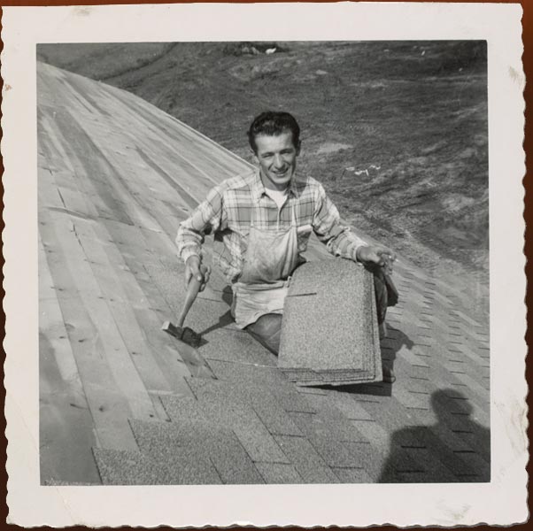 Chris’s friend Nelson working on the roof of an army depot in Cobourg, Ontario, 1953