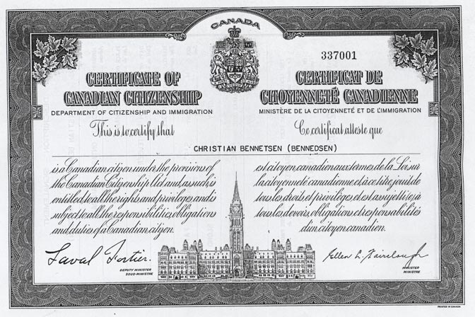 Chris Bennedsen’s certificate of Canadian citizenship. Chris became a citizen in 1959.