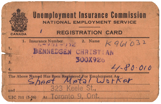 Chris’s Unemployment Insurance Registration Card, ca 1958. 
