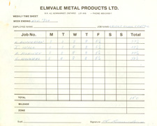Page from an Elmvale Metal Products time sheet, November 1988.