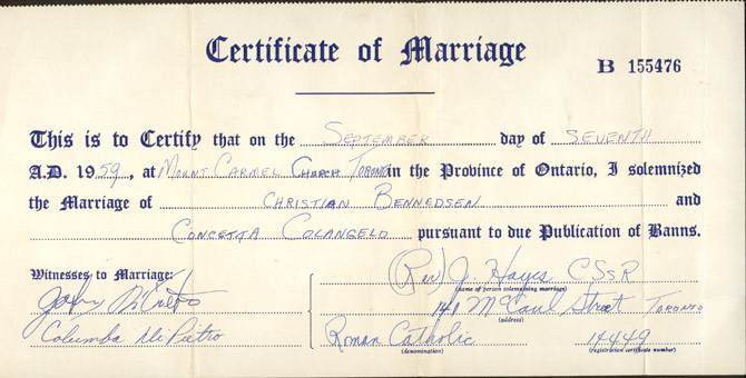 Connie and Chris’s marriage certificate, September 7, 1959