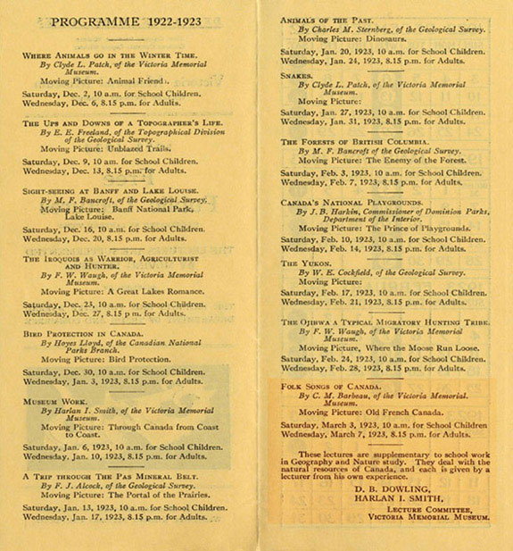 Programme of the public lectures at the Victoria Memorial Museum, for the months of December, 1922 to March, 1923; There is a presentation by Marius Barbeau entitled: 