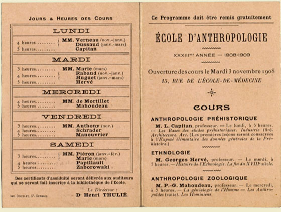 Programme of courses from the cole d'anthropologie (Paris) for the 1908-1909 school year., © CMC/MCC