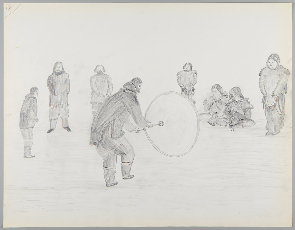Drawing of Inuit people around a dancing drummer