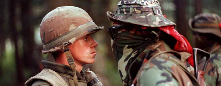 Soldier and protester face off