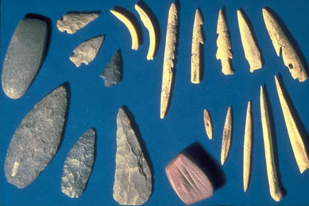 Multiple stone and bone spearheads.