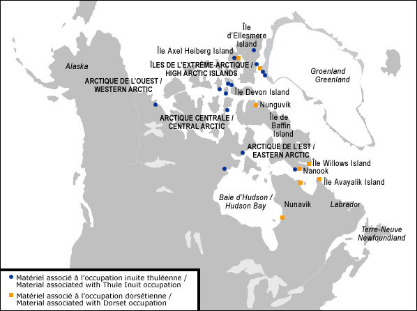 Map of Canada showing the location of Norse materials found.