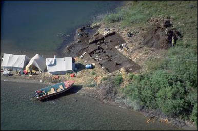 Aerial view of an archaeological excavation site on the waterfront.