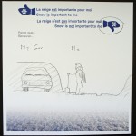 A pencil sketch of a sad person shovelling out a snowed-in car.