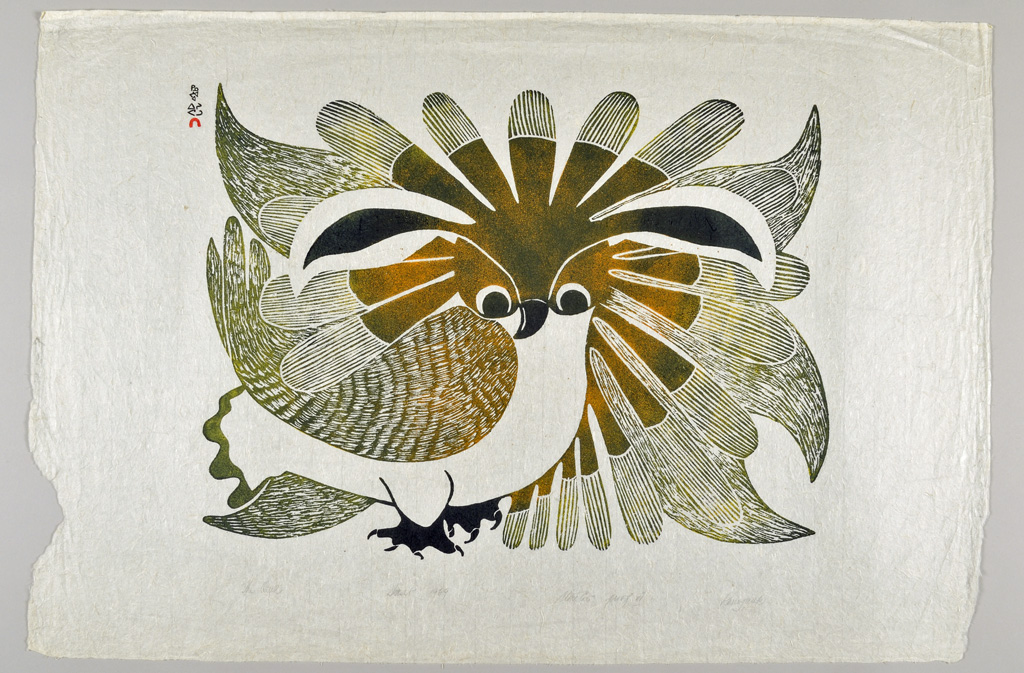 Stonecut print. An owl stands in the centre of the image with highly exaggerated plumage.