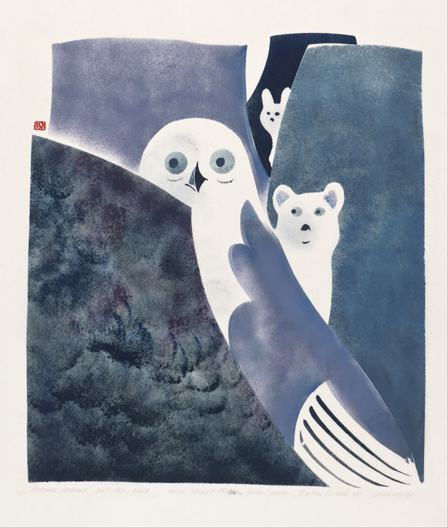 White silhouettes of an owl, fox and hare on background of varying shades of blue, black and grey.