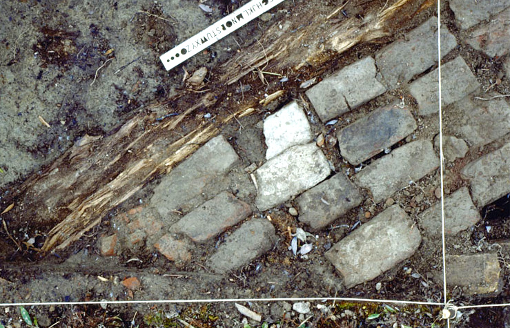 A course of “Flemish” bricks alongside a floor joist, in front of a chimney site near the 1685–1690 Old Fort, Fort Churchill.
