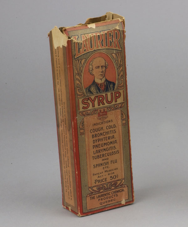 Cardboard box for cough syrup. The front and back of the box feature drawings of Sir Wilfrid Laurier. Canadian Museum of History, 1999.124.138.1 a-b