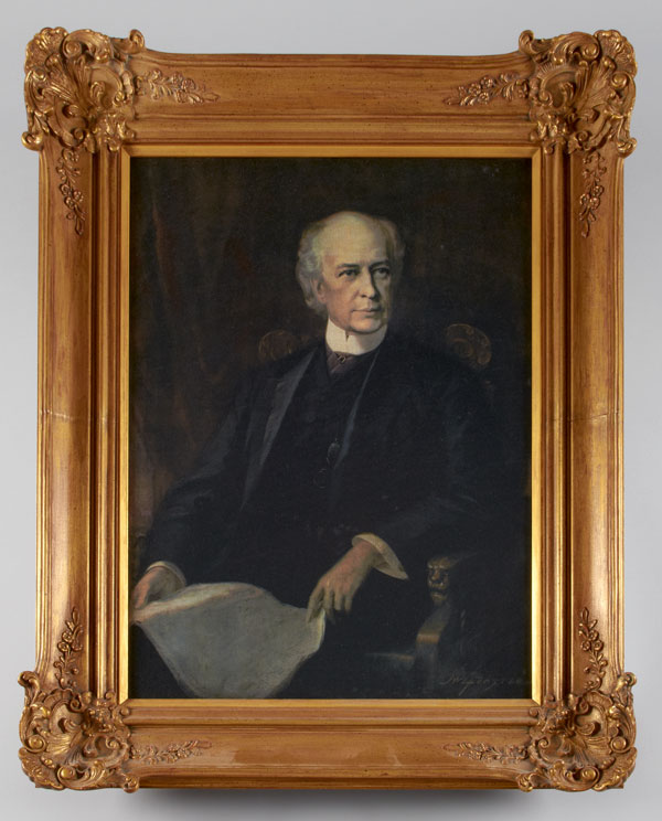 Framed painting (oil on canvas) by John Wycliffe Lowes Forster, showing a seated Prime Minister Sir Wilfrid Laurier holding a newspaper in his lap. Canadian Museum of History, 2011.21.603