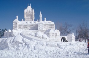 A snow sculpture of The Chateau Frontenac