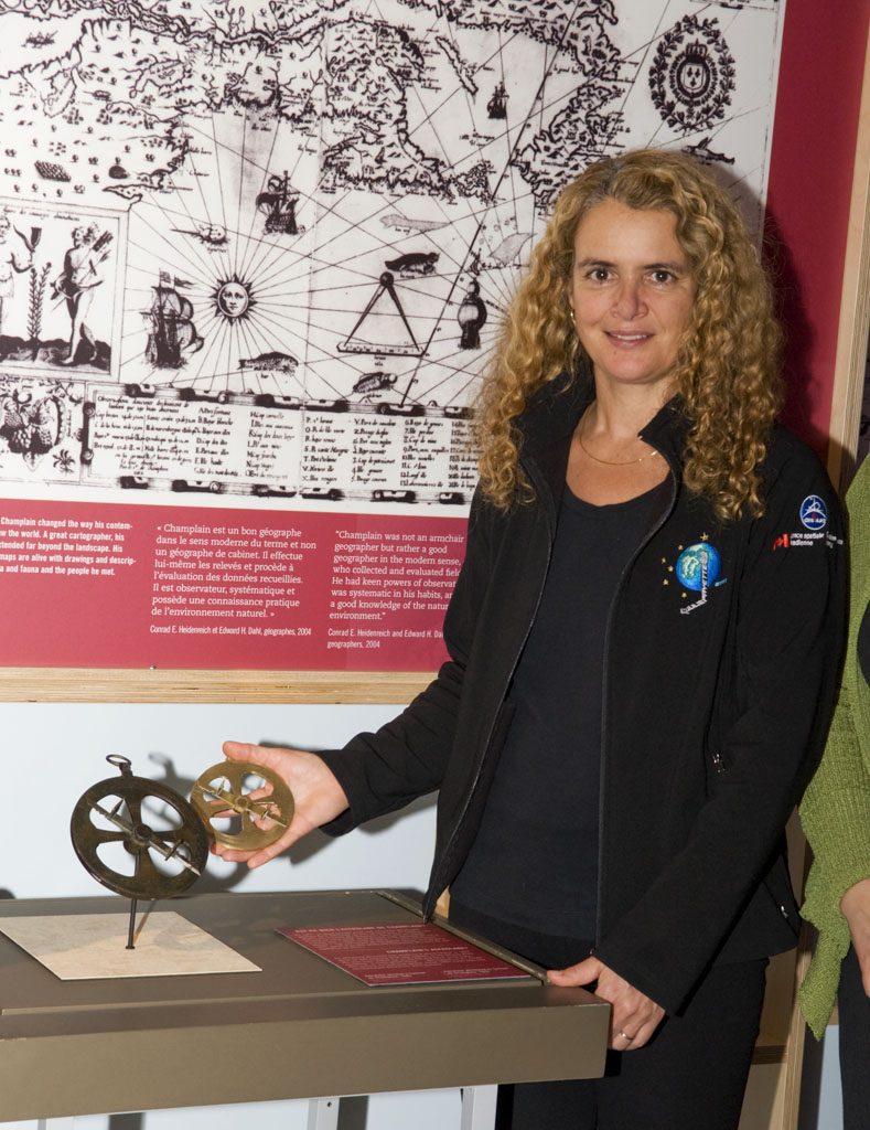 Astronaut Julie Payette visiting the Museum on January 19, 2010, to return the replica of Champlain's astrolabe that accompanied her into space. Canadian Museum of History, IMG2010-0008-0018-Dm