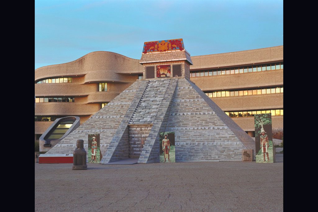 The temple-pyramid on the Canadian Museum of Civilization Plaza during the exhibition Mystery of the Maya, 1996. Canadian Museum of History, K96-2162
