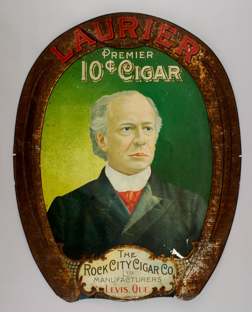 Advertising sign featuring Sir Wilfrid Laurier