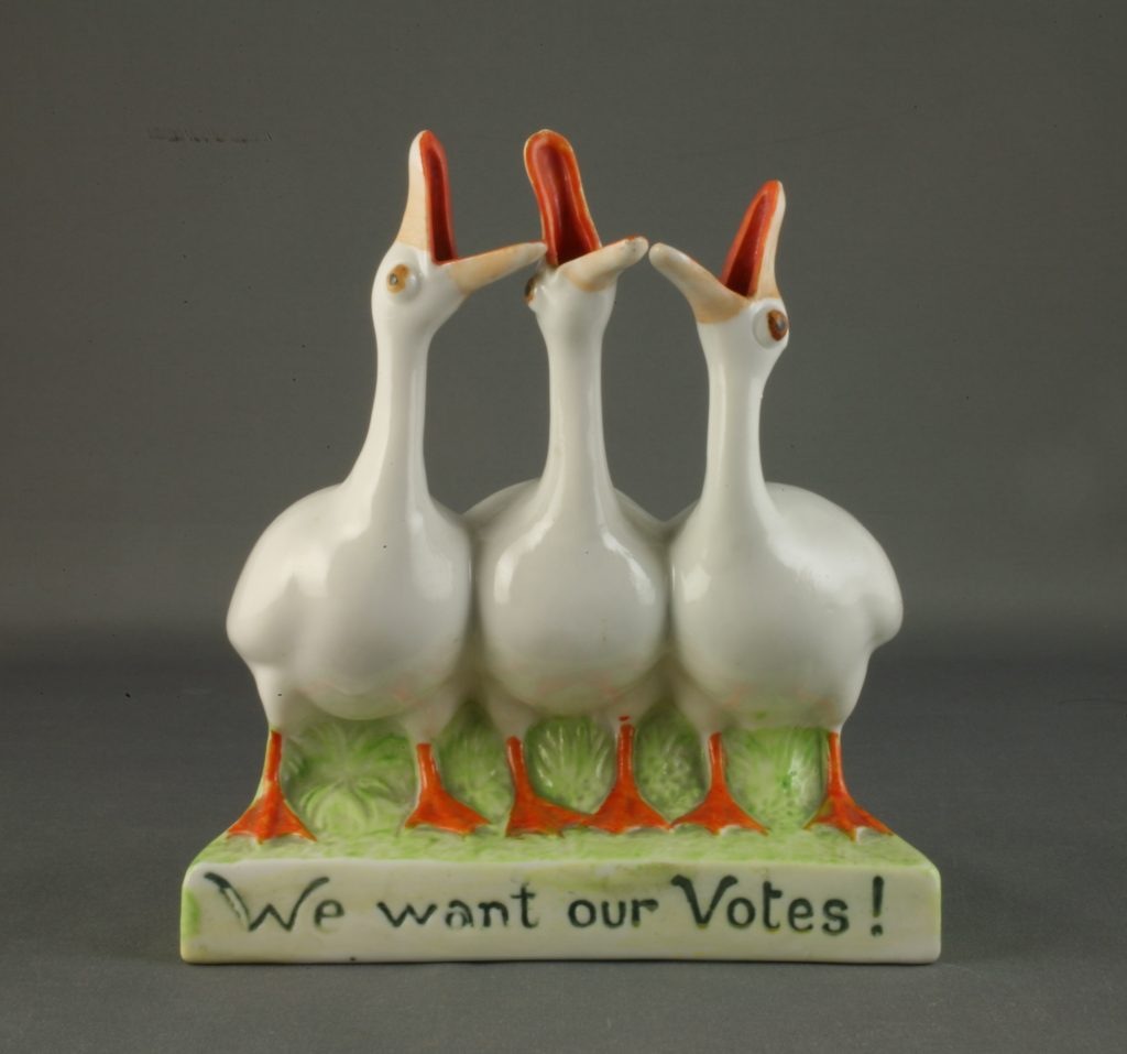 Porcelain Match Holder, 1910–1914, Schafer & Vater, Germany This ceramic memento makes an anti-suffrage statement, equating women suffragists with “silly geese.” Donated by Kim Semonick in memory of her grandmother Sarah Roper, Manitoba Museum, H9-38-361