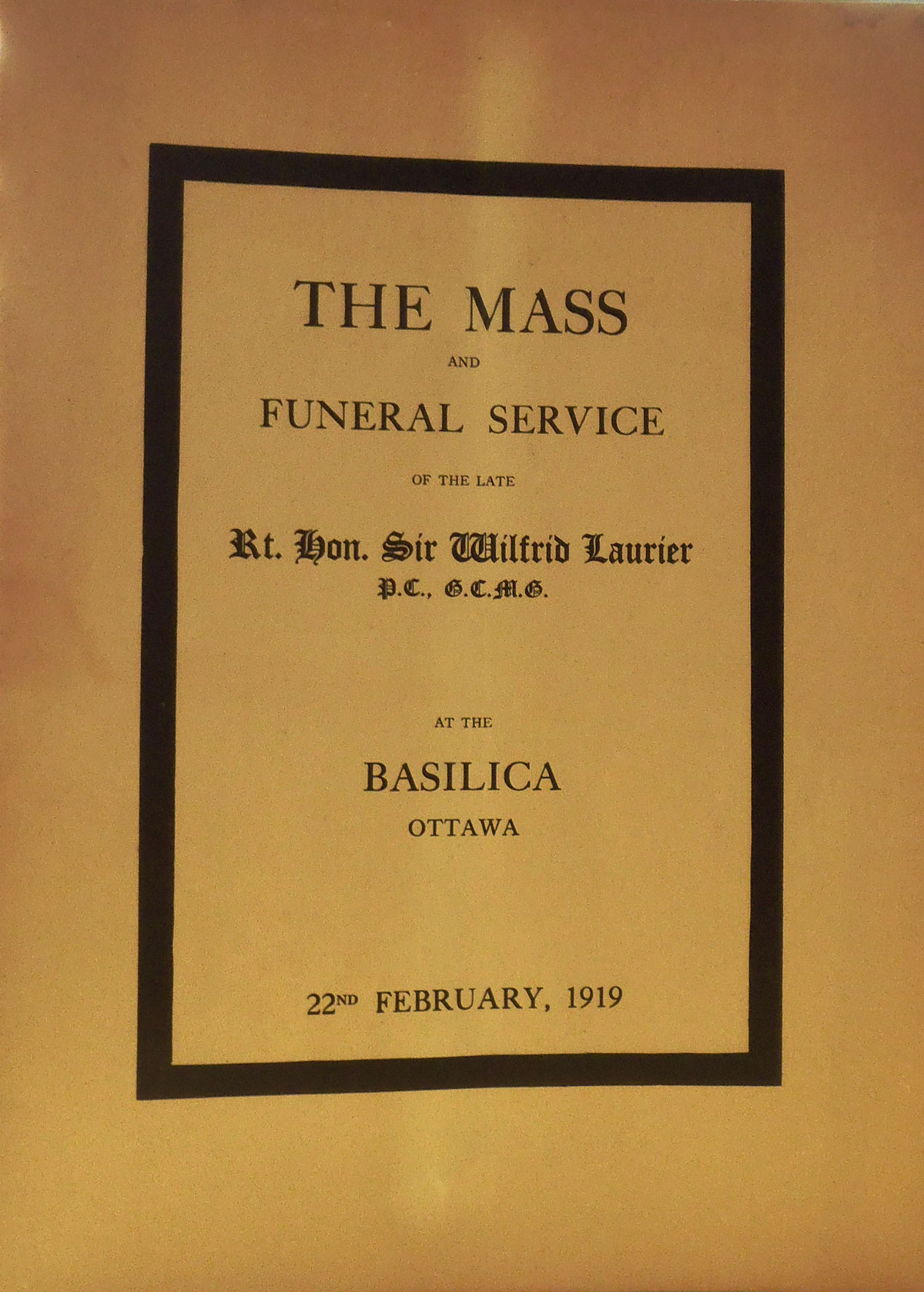 Program for Laurier’s funeral mass at the Basilica in Ottawa, February 22, 1919. Canadian Museum of History, Rare Books, FC 551 L3 M37 1919. Photo: Xavier Gélinas, PB140740