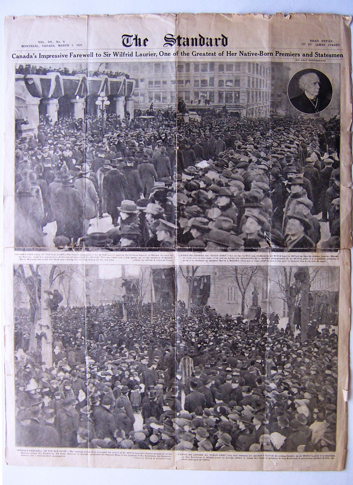 Special edition of The Standard, March 1, 1919, featuring photographs from Laurier’s funeral. Canadian Museum of History, ACQ 2012.17, temporary no. 217.2r. Gift of Serge Joyal. Photo: Xavier Gélinas, 217.2r