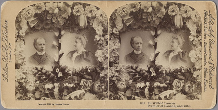 Stereograph depicting Laurier and his wife, 1896. A stereograph consists of two nearly identical images, glued onto rigid card stock. The image is then viewed through a binocular device called a stereoscope, which causes the eye to combine the two images, resulting in a three-dimensional effect. Canadian Museum of History, 2011-H0024, H-786, f6.