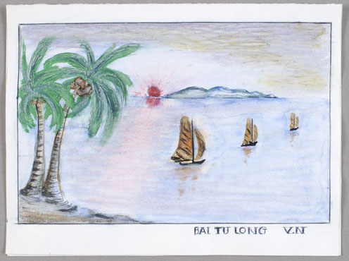 Card made in Vietnam that reads “BAI TU LONG V.N” on the front, with the inside message, “Season's greetings, Go wish your Family every happiness new year. God bless.” Canadian Museum of History, 84-441