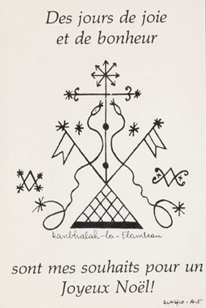 Greeting card of Haitian origin that reads “Des jours de joie et de Bonheur sont mes souhaits pour un Joyeux Noël,/Donbhalah-la-Flambeau, Diaspo-Art” on the front [Days of joy and happiness are my wishes for a Merry Christmas/Donbhalah-la-Flambeau, Diaspo-Art]. Canadian Museum of History, 85-136