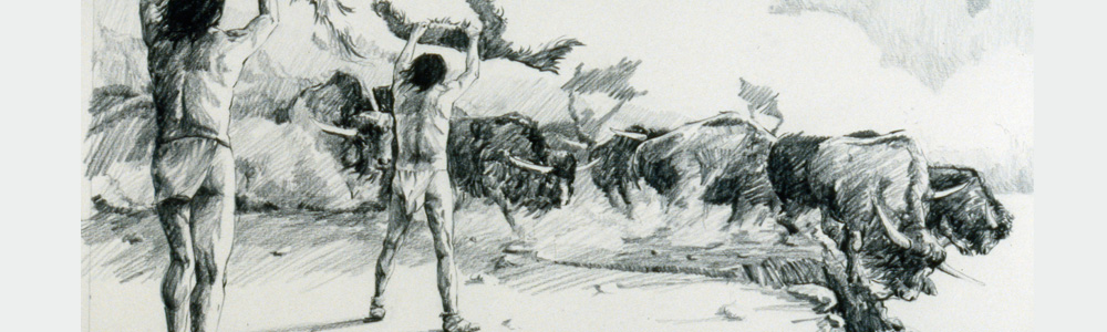 Artist’s rendering of a buffalo jump in use