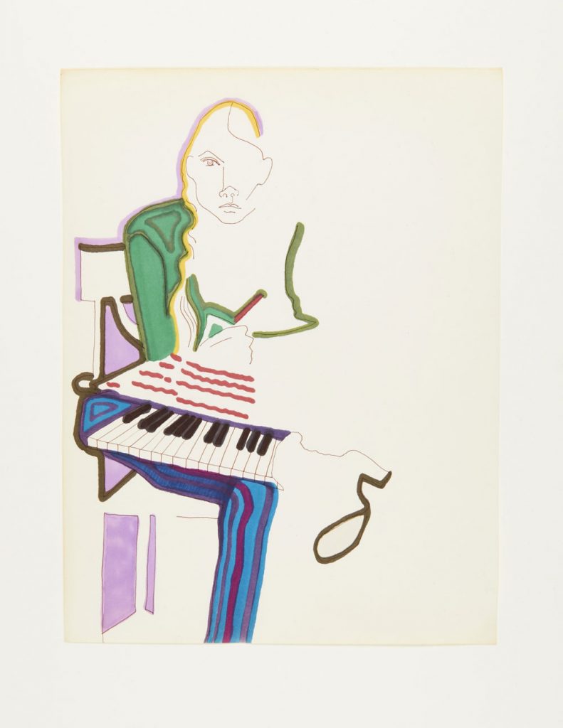 Joni Mitchell with keyboard, self-portrait, original ink and colored felt tip drawing, 355 x 270 mm, ca.1969 IMG2015-0144-0025-Dm