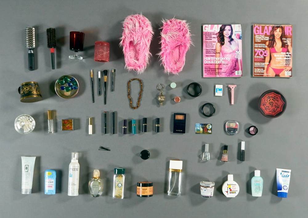 Replacement items used for Laila Binbrek's Mirror, Mirror art installation, including cosmetics, hair products, jewellery and magazines. Photo: Canadian Museum of History.