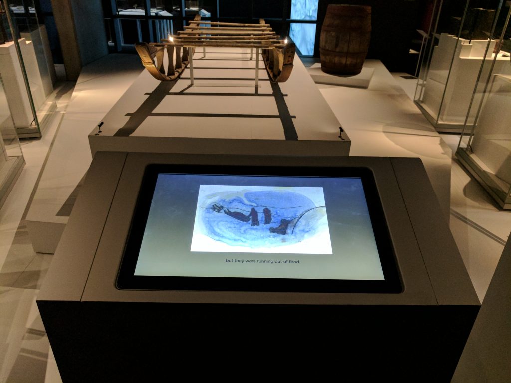 An oral history listening station, featuring Heather Campbell’s illustrations, at the National Maritime Museum. Photo: Canadian Museum of History