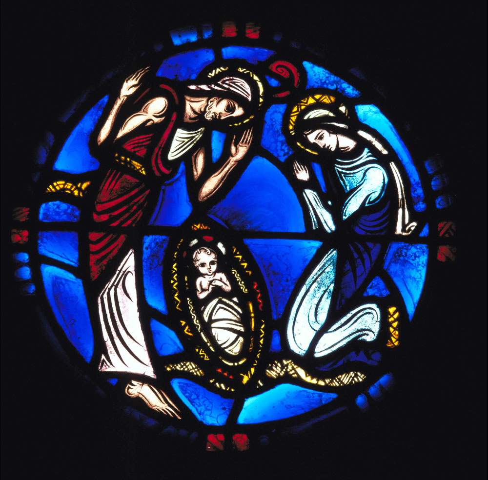 Stained-glass window featuring the Nativity