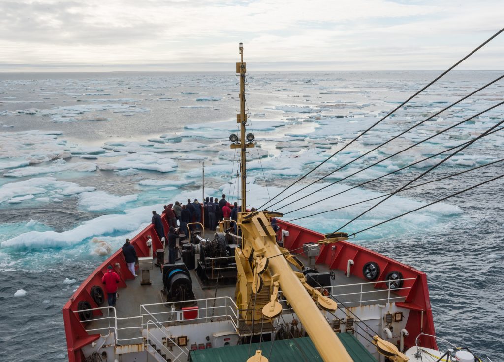 A Canadian Coast Guard Ship navigates through sea ice