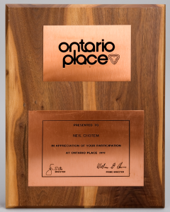 Plaque from Ontario Place, presented by Premier Davis to pianist Neil Chotem in 1972.
