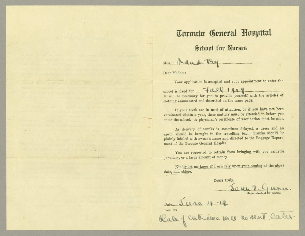 Admission letter from the Toronto General Hospital School for Nurses to Maud Fry, June 4, 1919