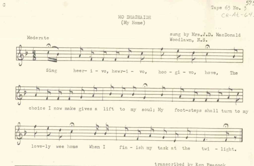 Gaelic score and English translation (1951) of the Scottish song Mo Dhachidh (My Home), performed at the funeral of Allan MacEachen. 
