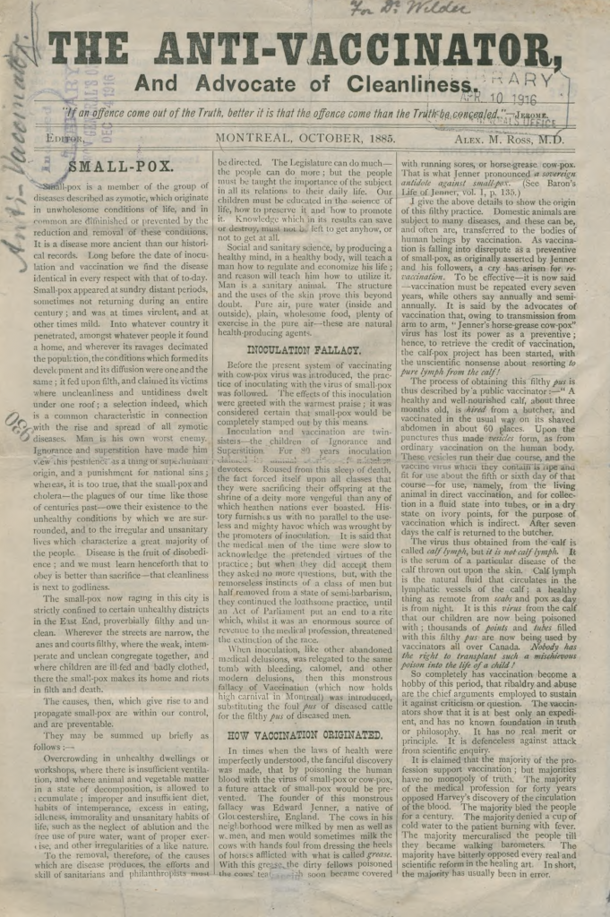 Anti-Aşılayıcı, Alexander Ross tarafından yayınlandı, Montreal, 1885 