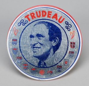 Political Button featuring the Subject, Trudeau, The Right Honourable Pierre Elliott, CMH 2012.17.261