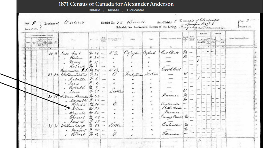 1871 census showing the living family members of Alexander Anderson