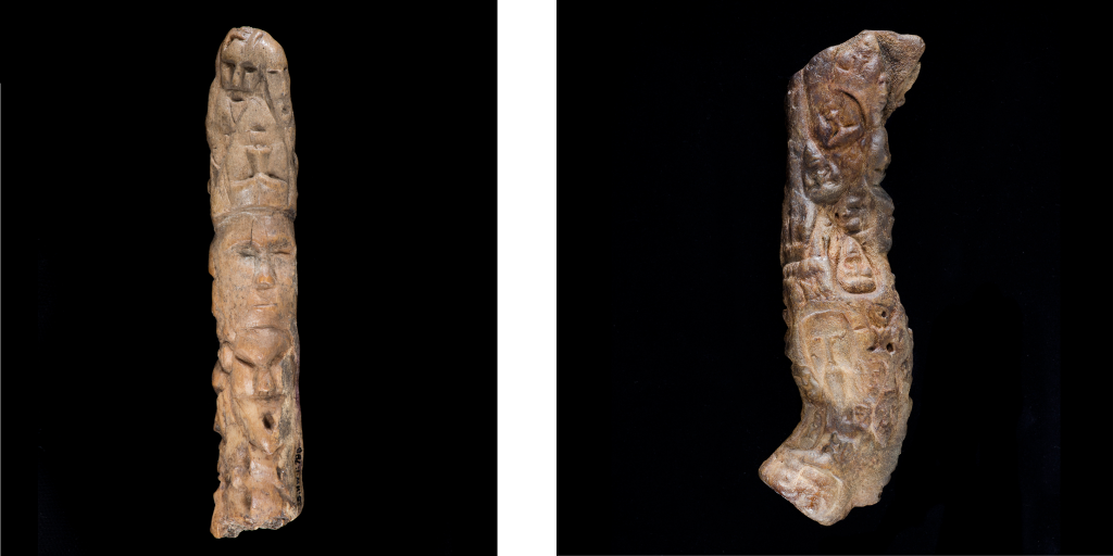 [Left] An antler “wand” covered with faces, excavated from Bathurst Island, Nunavut (QiLd-1:2020). [Right] An antler “wand” with faces, excavated from Ellesmere Island, Nunavut (SiHw-1:788).