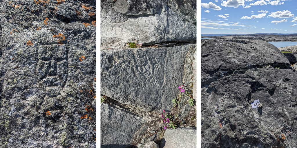 [Left] A well-defined face at Qajartalik. [Centre] A cluster of faces. [Right] Faces on the soapstone outcrop.