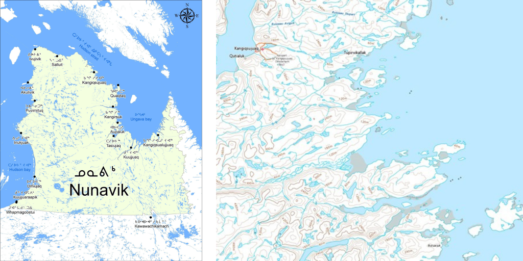 Map of Nunavik’s 14 communities, including Kangiqsujuaq and Qikiqtaaluk Island and Qajartalik (lower right) are about 40 km southeast of Kangiqsujuaq. 